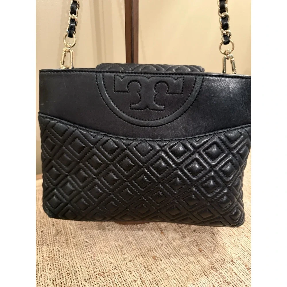 Tory Burch Fleming Quilted Open Crossbody Shoulder Bag Purse Style Black‎